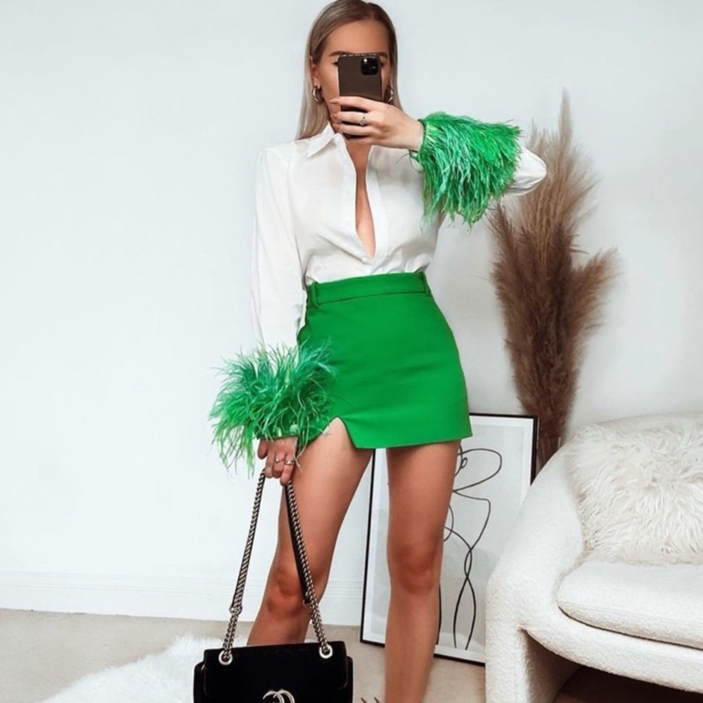 Zara Button Down Shirt with Green Feather Cuffs/Sleeves